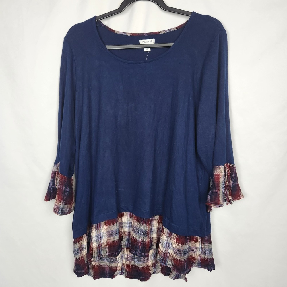 NWT Westport Womens Navy Blue Ruffle 3/4 Sleeve Red Plaid Detail‎ Plus Size 2X